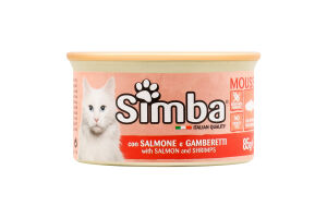 Корм консервований для дорослих котів та кішок Мус з лосося та креветки Simba з/б 85г