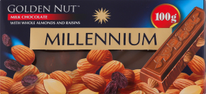 Шоколад молочний з цілим мигдалем та родзинками Golden Nut Millennium к/у 100г