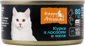Корм консервированный для взрослых котов и котят полнорационный Курица с лососем в желе Happy Animal ж/б 80г