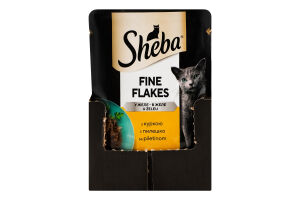 Корм консервированный полнорационный для взрослых котов с курицей в желе Нежные кусочки Sheba д/п 85г