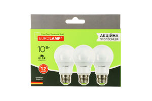 Лампа LED ЕКО A60 10W E27 4000K 3шт Eurolamp