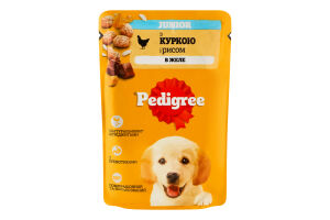 Корм консервований повнораціонний для цуценят З куркою та рисом в желе Junior Pedigree д/п 100г