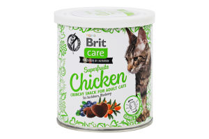 Лакомство для взрослых котов с суперфруктами без содержания злаков Курица, облепиха, черника Brit ж/б 100г