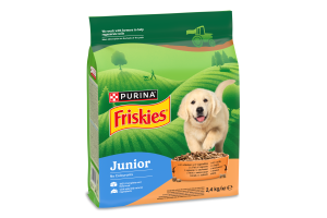 Корм сухой для щенков полнорационный с курицей овощами и молоком Junior Friskies м/у 2.4кг