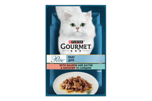 Корм консервований повнораціонний для дорослих котів міні філе у підливі з лососем та сайдою Perle duo Gourmet д/п 85г