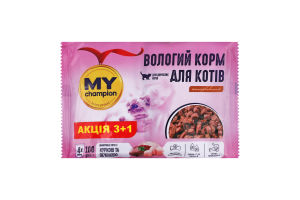 Корм влажный полнорационный для взрослых котов Кусочки в соусе с курицей и печенью My Champion м/у 4х100г