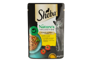 Корм консервований для дорослих котів з куркою, лляною олією та томатами у соусі Рецепти від природи Sheba д/п 85г