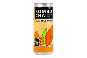 Напиток брожения фильтрованный непастеризованный с сахаром Gold apricot Kombucha Vit-Fit ж/б 0.33л