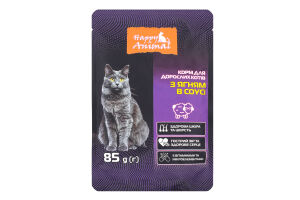 Корм д/дорослих котів з ягням в соусі 85г пауч Happy Animal