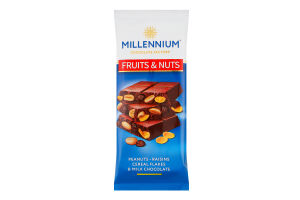 Шоколад Fruits&Nuts молочний з арахісом родзинками злаковими пластівцями та мигдалем 90г Millennium