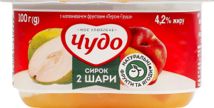 Творожок 4.2% взбитый с наполнителем фруктовым двухслойный Персик-груша Чудо ст 100г