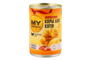 Корм д/котів Шматочки з куркою та індичкою в желе 415г ж/б My Champion