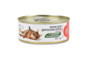 Корм консервированный полнорационный для взрослых котов Паштет с курицей и овощами ТМ "1" ж/б 85г