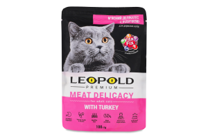Корм консервований для котів з індичкою Meat delicacy Premium Leopold д/п 100г