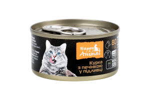 Корм консервированный для взрослых котов и котят полнорационный Курица с печенью в подливке Happy Animal ж/б 80г