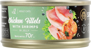 Корм д/дорослих котів Куряче філе з креветками в желе 70г ж/б Savory