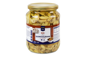 Шампиньоны резаные маринованные стерилизованные с сахаром и подсластителем Metro Chef с/б 680г