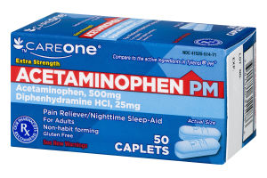 CareOne Extra Strength Acetaminophen PM Pain Reliever/Nighttime Sleep-Aid - 50 CT