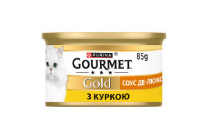 Корм консервированный полнорационный для взрослых котов с курицей Соус де-люкс Gold Gourmet ж/б 85г