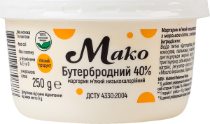 Маргарин 40% м'який низькокалорійний з морською сіллю та вітамінами A, E та D Бутербродний Мако ст 250г