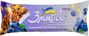 Батончик злаковий з чорницею частково глазурований кондитерською глазур'ю Злаково м/у 40г
