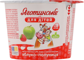 Паста творожная 3.9% для детей от 8мес с наполнителем фруктовым Яблоко-клубника Яготинське для дітей ст 90г