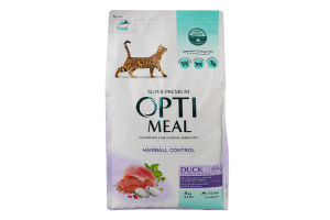 Корм сухой с уткой и эффектом выведения шерсти для взрослых кошек Optimeal м/у 4кг