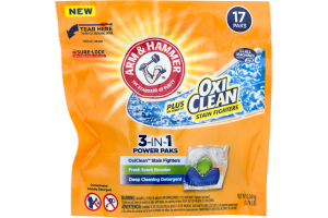 Arm & Hammer Concentrated Laundry Detergent 3-In-1 Power Paks With Oxi Clean Stain Fighters - 17 PK