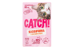 Корм влажный полнорационный для взрослых котов с говядиной и овощами в желе Catch! д/п 85г