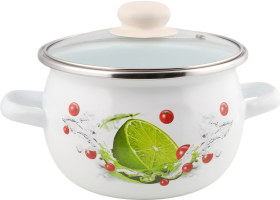 Каструля Лайм біла 2,5л емальована сферична з н/ж обідком та скляною кришкою І61911/2 Ідилія