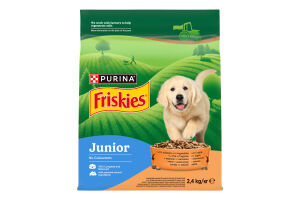 Корм сухой для щенков полнорационный с курицей овощами и молоком Junior Friskies м/у 2.4кг