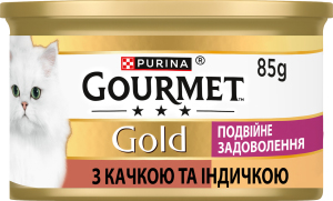 Корм консервований повнораціонний для дорослих котів з качкою та індичкою Подвійне задоволення Gold Gourmet з/б 85г