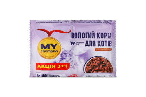 Корм д/котів Шматочки з куркою та телятиною в соусі 4*100г пауч My Champion
