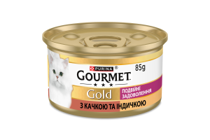 Корм консервований повнораціонний для дорослих котів з качкою та індичкою Подвійне задоволення Gold Gourmet з/б 85г