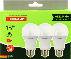 Лампа LED ЕКО A60 15W E27 4000K 3шт Eurolamp