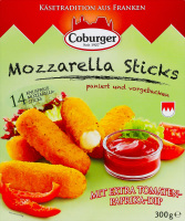 Сир 45% м'який в паніровці з томатно-перцевим соусом Mozzarella Sticks Coburger к/у 300г