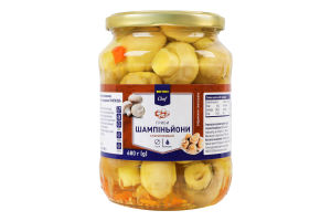 Шампиньоны целые маринованные стерилизованные с сахаром и подсластителем Metro Chef с/б 680г