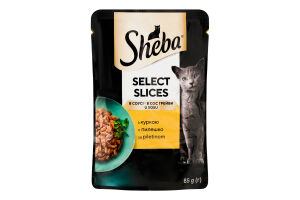 Корм консервированный полнорационный для взрослых котов с курицей в соусе Отборные кусочки Sheba д/п 85г