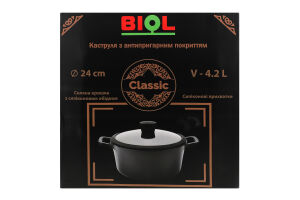 Каструля Classic 4,2л антипригарне покриття індукційне дно з скляною кришкою 24см Biol