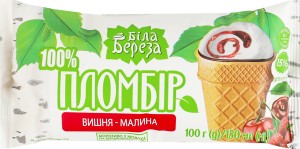 Морозиво 15% пломбір з підваркою у вафельному стакані з кондитерською глазур'ю Вишня-малина Біла Береза м/у 100г