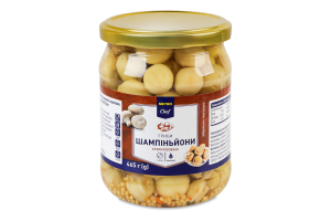 Шампиньоны целые маринованные стерилизованные с сахаром и подсластителем Metro Chef с/б 465г