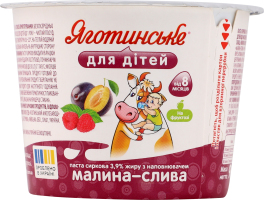 Паста творожная 3.9% для детей от 8мес с наполнителем фруктовым Малина-слива Яготинське для дітей ст 90г