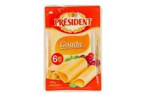 Сир 47% твердий скибками Гауда President лоток 100г