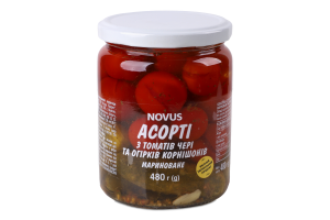 Ассорти маринованное из томатов черри и огурцов корнишонов пастеризованное Novus с/б 480г