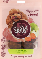 Корм дополнительный для собак С индейкой, морковью и яблоком Сушеные снеки Delickcious д/п 80г