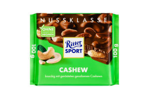 Шоколад молочный с жареными подсоленными кусочками орехов кешью Ritter Sport м/у 100г