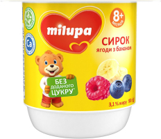 Сирок 3.1% для дітей від 8міс з біфідобактеріями з наповнювачем Ягоди з бананом Milupa ст 90г
