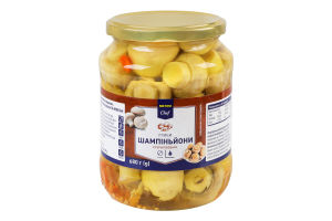 Шампиньоны целые маринованные стерилизованные с сахаром и подсластителем Metro Chef с/б 680г