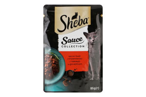 Корм консервированный полнорационный для взрослых котов с говядиной в соусе Соус-меню Sheba д/п 85г