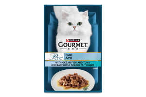 Корм консервований для дорослих котів міні філе у підливі з океанічною рибою та тунцем Perle duo Gourmet д/п 85г